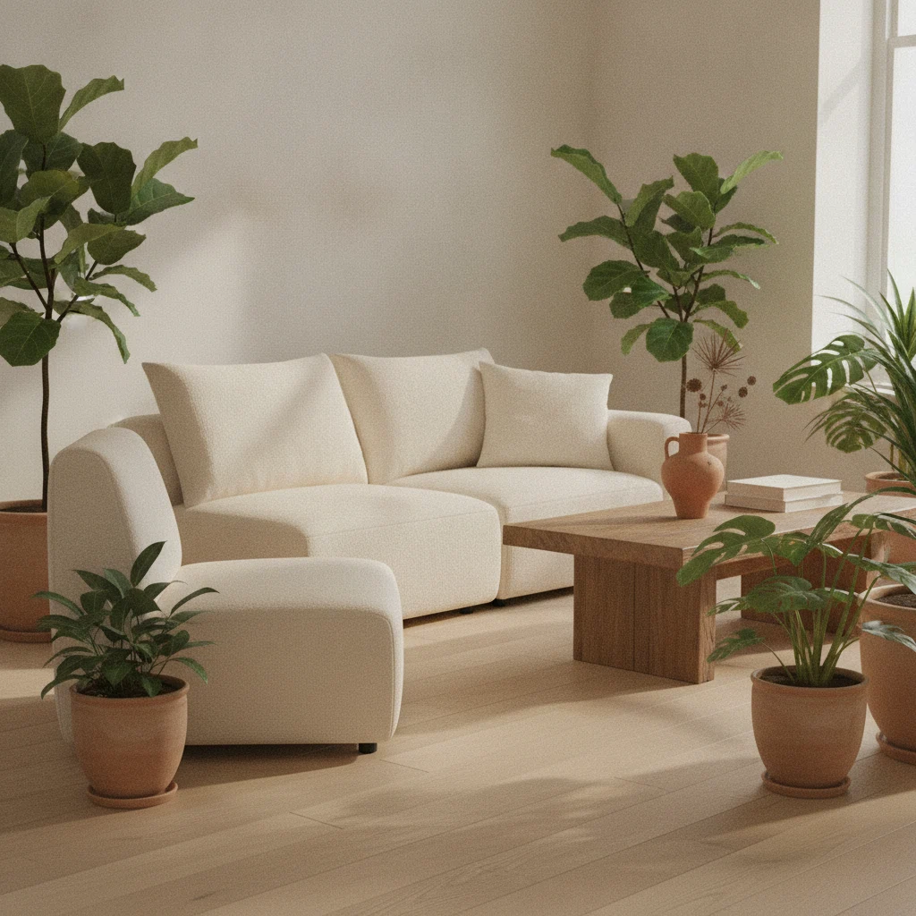 Rustige werkplek met notitieblok, plant en een glas water op een licht houten bureau