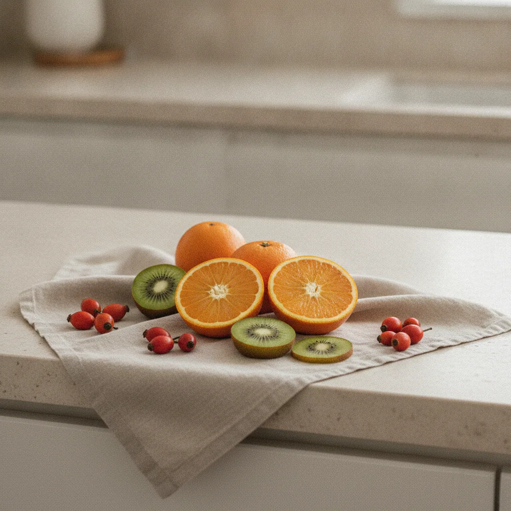 Sinaasappels, kiwi's en rozenbottels op een lichte houten plank - bronnen van vitamine C