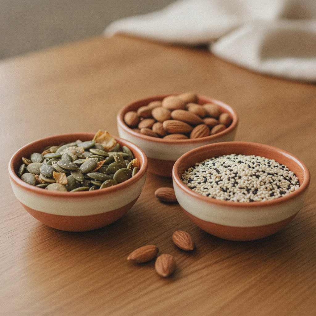 Pompoenpitten, amandelen en sesamzaad in keramische kommetjes op een houten tafel