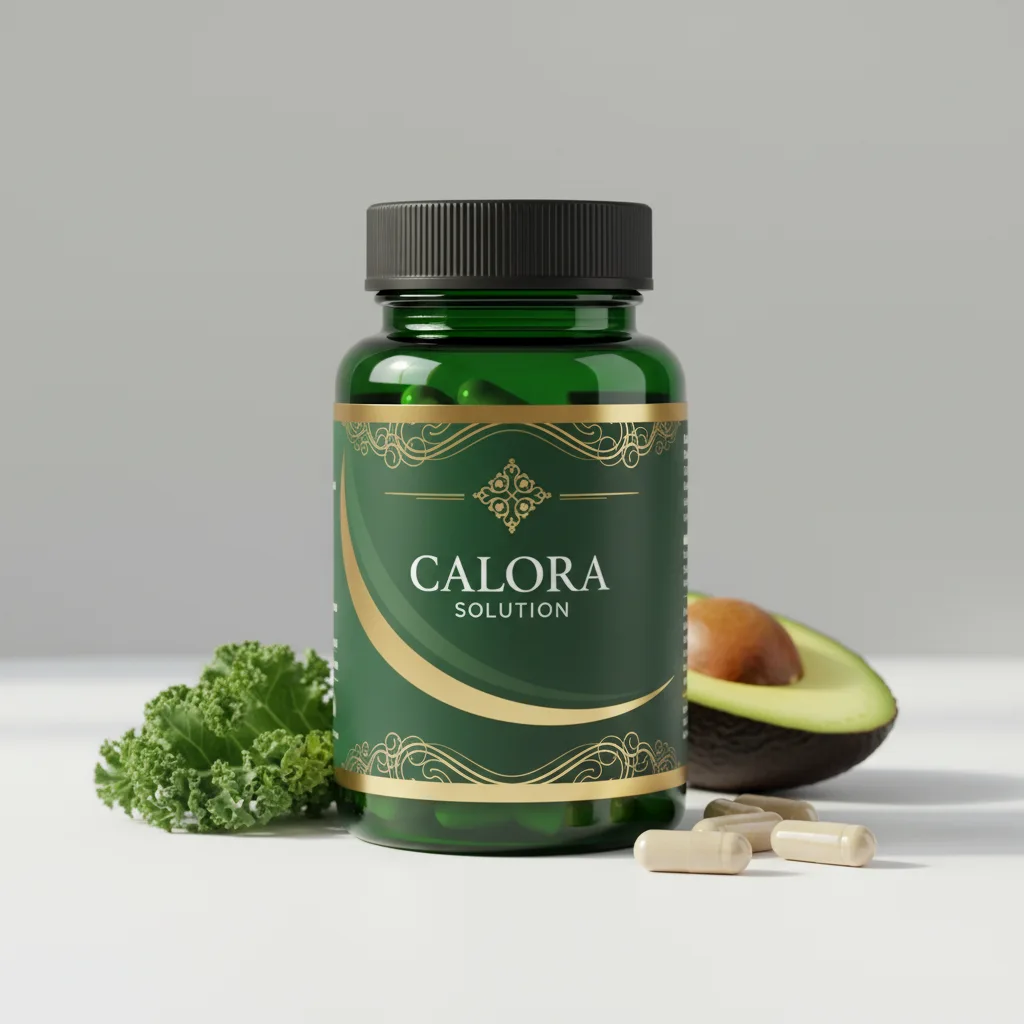 Calora Solution donkergroene glazen pot met zilveren deksel en witte etikette met productnaam
